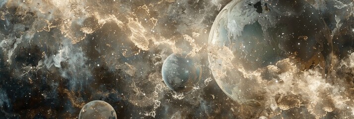 Wall Mural - cosmic elements like stars and planets embedded in marble textures, creating a surreal and ethereal 
