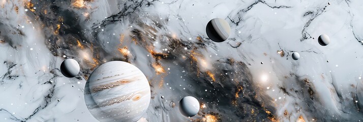 Wall Mural - cosmic elements like stars and planets embedded in marble textures, creating a surreal and ethereal 
