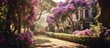 The garden in Buenos Aires is filled with majestic trees and a profusion of vibrant purple flowers. The scene is a display of breathtaking beauty and captivating plants.