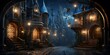 Mysterious castle at night. Panoramic fantasy illustration.