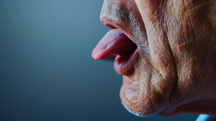 Wall Mural - A closeup of a persons tongue with a traditional Chinese medicine practitioner using it to diagnose health issues.