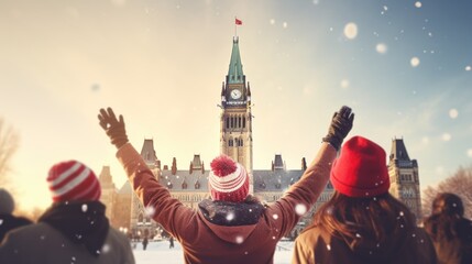 Wall Mural - Happy Canadian wearing winter clothes celebrating Christmas holiday at Parliament Hill. People having fun hanging out together walking on city street. Winter holidays and relationship concept