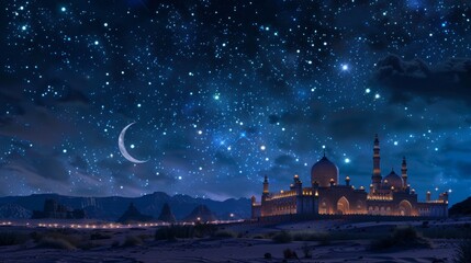 Wall Mural - The silhouette of a grand mosque stands against the mesmerizing backdrop of a galaxy, highlighting the harmony between spirituality and the cosmos.