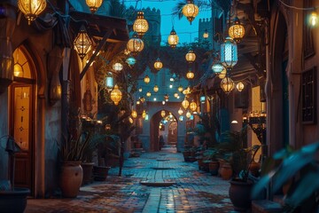 Wall Mural - A narrow street in the Middle East is brought to life at night with an array of hanging lanterns, casting a warm, inviting glow on the path.