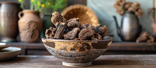 Wall Mural - A bowl filled with nuts sits atop a sturdy wooden table. The various nuts are neatly arranged, creating a visually appealing display of earthy tones in the bowl.