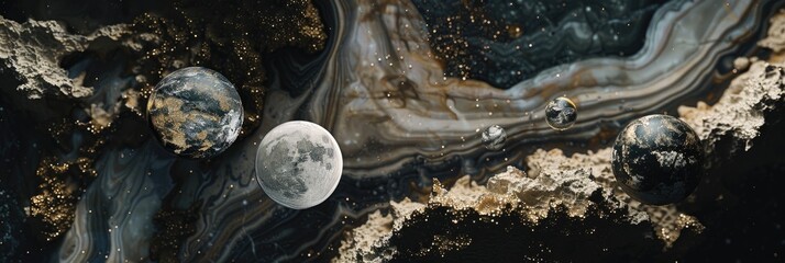 Wall Mural - cosmic elements like stars and planets embedded in marble textures, creating a surreal and ethereal 