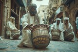 Fototapeta Uliczki - Scene of traditional Ramadan drums being played in narrow streets by old men dressed in arabesques