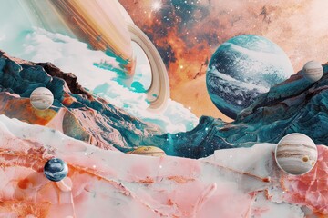 Wall Mural - cosmic elements like stars and planets embedded in marble textures, creating a surreal and ethereal 
