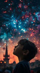 Wall Mural - A child's gaze, wide with wonder, at a sky filled with fireworks celebrating Eid al-Fitr, marking the end of Ramadan, with the silhouette of a mosque in the distance.