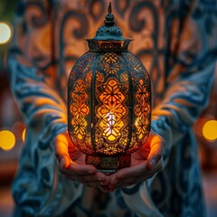Wall Mural - A close-up of hands delicately placing a lit candle inside a traditional Ramadan lantern, with intricate patterns casting shadows on a textured wall.