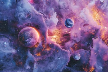 Wall Mural - cosmic elements like stars and planets embedded in marble textures, creating a surreal and ethereal 
