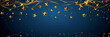  gold stars decorations on blue background, new year festive, christmas banner. empty space for text