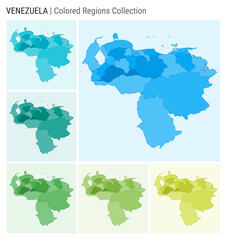 Poster - Venezuela map collection. Country shape with colored regions. Light Blue, Cyan, Teal, Green, Light Green, Lime color palettes. Border of Venezuela with provinces for your infographic.