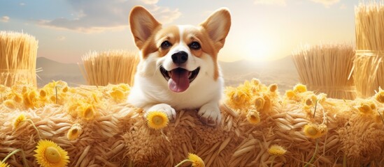 Wall Mural - A corgi dog is sitting among a vast field of bright yellow sunflowers, bathed in the warm sunlight. The dog looks content and relaxed in the picturesque scene, with tall sunflower stalks towering