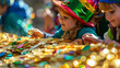Children eagerly collect gold chocolate coins and candy in the shape of leprechauns and rainbows.