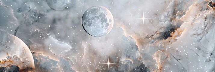 Wall Mural - cosmic elements like stars and planets embedded in marble textures, creating a surreal and ethereal 