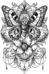 Wall Mural - Elegant moth tattoo design, vintage decor. Sketch