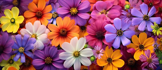 A vibrant assortment of colorful perennial flowers displayed on a table. The flowers, in full bloom, showcase a variety of hues and add a pop of color to the scene.