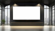 © EPDICAY - Empty room with blank rectangular horizontal white billboard advertising illuminated by lamps studio. Marketing banner. Blank billboard for advertising placement.