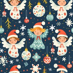 Sticker - Seamless repeating Christmas angels tree ornaments