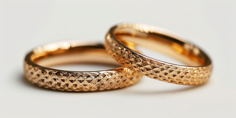 two gold wedding rings on white background,