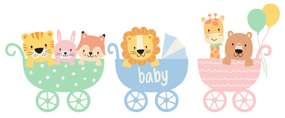 Wall Mural - Cute baby animals in strollers vector illustration. Baby shower and nursery art of baby tiger, lion, fox, bear, giraffe, and bunny in baby carriage.