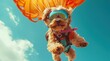 Un adorable chien de race yorkshire sautant en parachute, image avec espace pour texte.