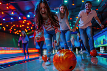 Wall Mural - Group of young people having fun playing bowling