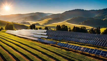 Sticker - Rows of solar panels in the fields in beautiful hilly and foggy Pacific Northwest wine country. 