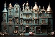 Miniature model of a beautiful blue castle on a black background, close-up