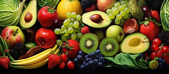 Poster - A close-up painting featuring a variety of fruits and vegetables such as apples, bananas, kiwis, avocados, and sprouts.