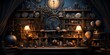 Vintage room interior with a clock, bookshelf and candlestick