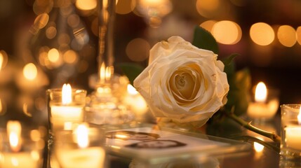 Wall Mural - The closeup of a single white rose delicately p on a photo of a deceased student at a memorial service held by their classmates and teachers honoring their memory and contribution