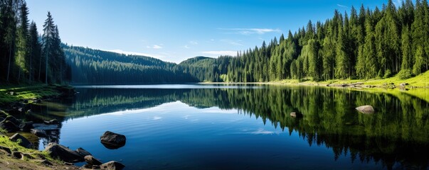 Wall Mural - Stunning panorama background from the Mummelsee in the Black Forest on the Black Forest High Road, with reflection in the water