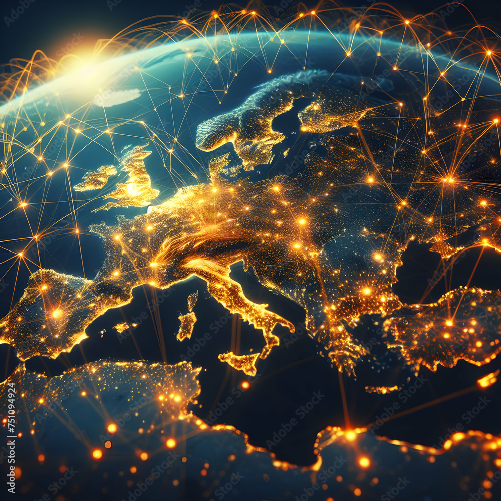 map of europe, concept of global network and connectivity on Earth ...