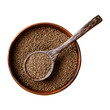 Perilla seed in wooden bowl and spoon, top view