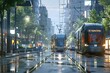 An urban city design using shinkansen er showing two trains parked in a city in the style of  with a busy street and many people where metropolis meets nature in inclement weather
