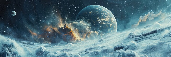 Wall Mural - cosmic elements like stars and planets embedded in marble textures, creating a surreal and ethereal 