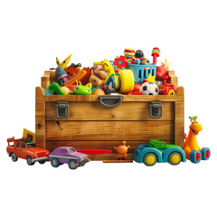 wooden toy chest filled with colorful toys, isolated on transparent background, representing playful
