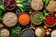 Top-down view: Vegetables, nuts, herbs, spices, nuts, grains, and lentils contain antioxidants and carbohydrates. healthy food