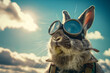 A rabbit in aviator gear goggles on ready for flight against a sky backdrop