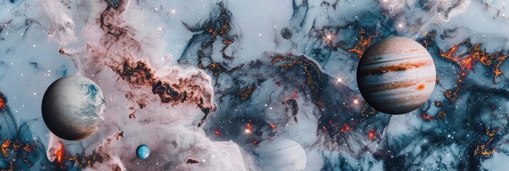 Wall Mural - cosmic elements like stars and planets embedded in marble textures, creating a surreal and ethereal 