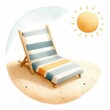 Sunbathing on a beach towel. watercolor illustration, Girl boy in a bathing suit on the beach, Beach chair on sand with waves and sun.
