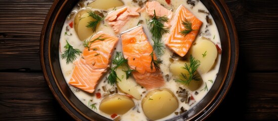 Sticker - A plate filled with Finnish fish soup Kalakeitto featuring chunks of salmon, potatoes, onions, and carrots. The dish is viewed from above, showcasing a hearty and nutritious meal.