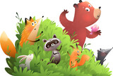 Fototapeta Dinusie - Cute animals friends in the forest bush. Bear fox raccoon squirrel and bunny in green grass, isolated clip art for kids. Vector hand drawn illustration in watercolor style for children.