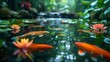 A tranquil tropical pond with lily pads and colorful fish, surrounded by lush vegetation and blooming flowers