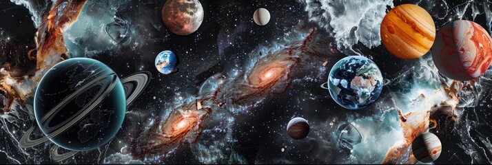 Wall Mural - cosmic elements like stars and planets embedded in marble textures, creating a surreal and ethereal 