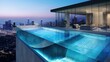 A snapshot of extravagance, where a modern pool with a glass wall overlooks the cityscape below, epitomizing luxury living