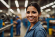 A smiling Hispanic woman, a factory worker, posing while gazing at the camera