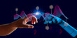 © apithana - human hand connecting 3D robotic hand  with data flow diagram electronic location coordinates . Artificial intelligence data analytic dashboard algorithm develop business, technology concept